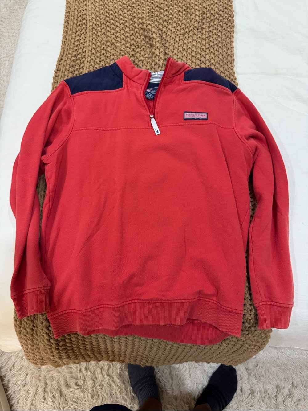 Vineyard Vines Red Quarter-Zip Pullover with Navy Shoulder Panels